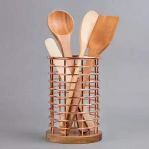 Creative Home Deluxe Acacia Copper Wood and Iron Wire Utensil Tool Holder Crock