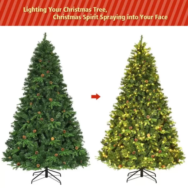 Costway 7.5 ft. Pre-Lit Artificial Christmas Tree Hinged with 540 LED Lights and Pine Cones
