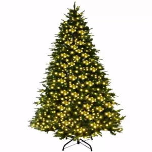 Costway 8 ft. Pre-Lit LED Artificial Christmas Tree Hinged with 600 LED Lights and Pine Cones