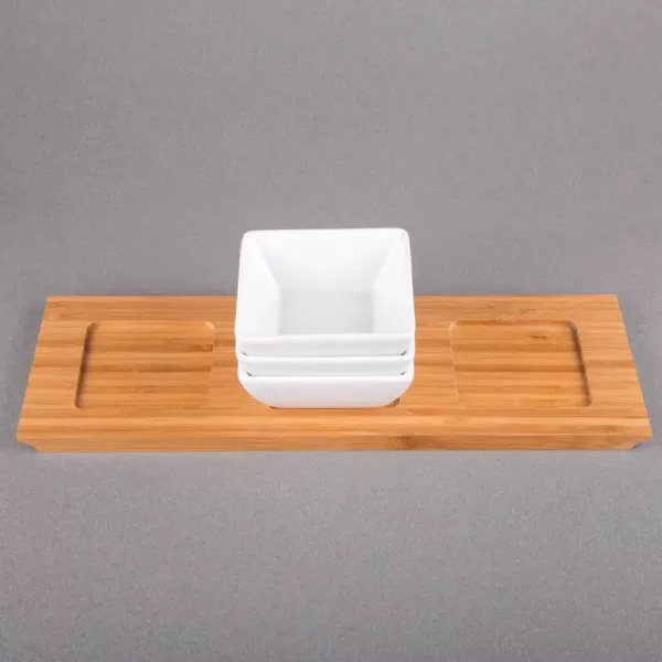 Creative Home 4-Pieces Stoneware Square Bowls and Natural Bamboo Serving Dishes for Parties Rectangular Tray Snack Serving Set
