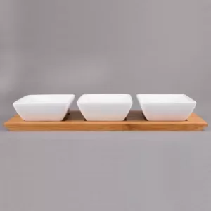 Creative Home 4-Pieces Stoneware Square Bowls and Natural Bamboo Serving Dishes for Parties Rectangular Tray Snack Serving Set