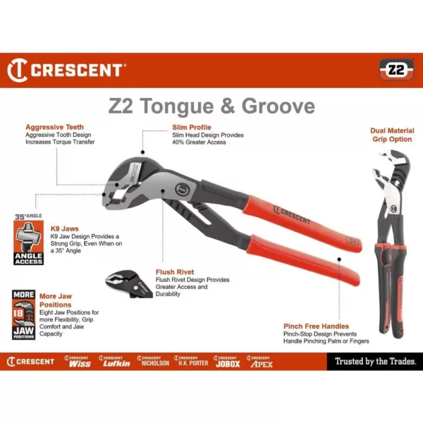 Crescent 12 in. Z2 K9 Straight Jaw Dual Material Tongue and Groove Pliers