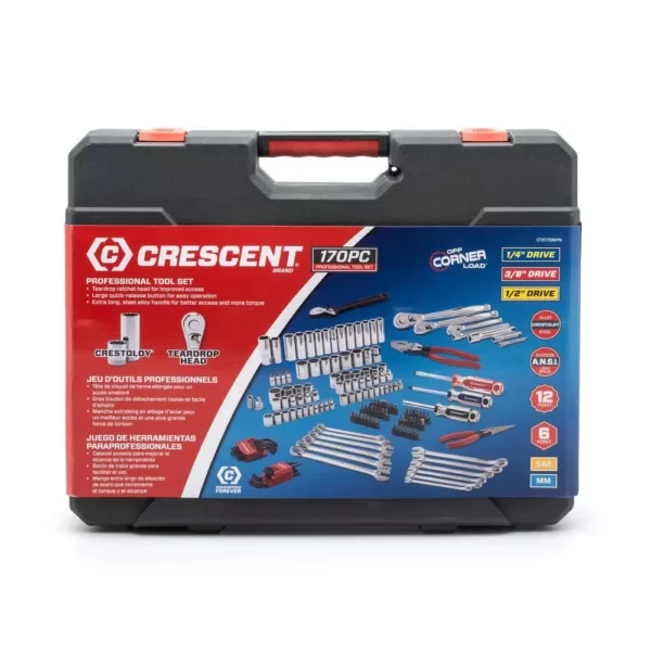 Crescent 1/4 in. 3/8 in. and 1/2 in. Drive 6 and 12-Point SAE/Metric Mechanics Tool Set (170-Piece)
