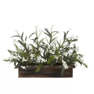 D&W Silks 30 in. Indoor White Phlox Flowers in Rectangle Wooden Planter