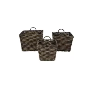 LITTON LANE Large Square Water Hyacinth Wicker Dark Brown Storage Baskets (Set of 3)