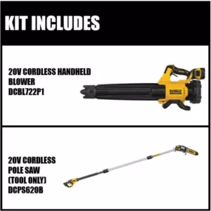 DEWALT 125 MPH 450 CFM 20V MAX Cordless Brushless Blower with (1) 5.0Ah Battery & Charger w/8 in. 20V MAX Pole Saw (Tool Only)