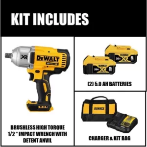 DEWALT 20-Volt MAX XR Cordless Brushless 1/2 in. High Torque Impact Wrench with Detent Pin Anvil, (2) 20-Volt 5.0Ah Batteries