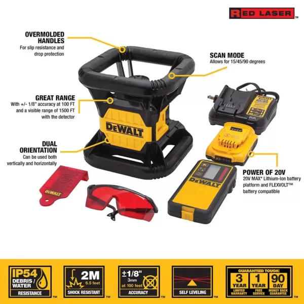 DEWALT 20-Volt MAX Lithium-Ion 150 ft. Red Self-Leveling Rotary Laser Level with Detector, Battery 2Ah, Charger, & TSTAK Case
