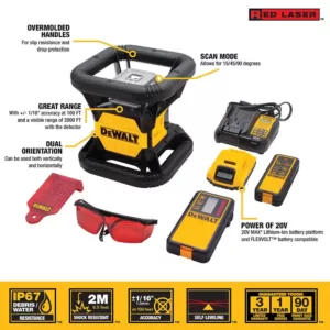 DEWALT 20-Volt MAX Lithium-Ion 200 ft. Red Self Leveling Rotary Laser Level with Detector, Battery 2Ah, Charger, & TSTAK Case