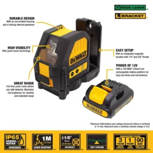DEWALT 12-Volt MAX Lithium-Ion 165 ft. Green Self-Leveling Cross-Line Laser Level with Battery 2Ah, Charger, & Case