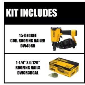 DEWALT Pneumatic 15-Degree Coil Roofing Nailer w/Bonus 1-1/4 in. x 0.120 Gal. Galvanized Steel Coil Roofing Nails (7,200-Pack)