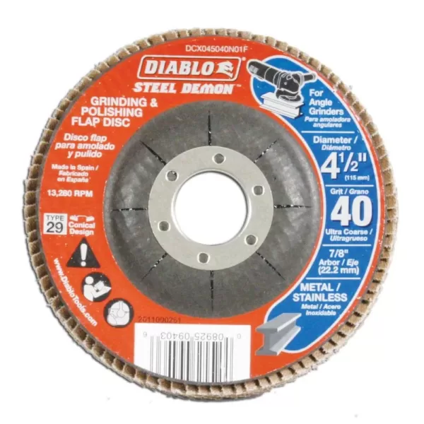 DIABLO 4-1/2 in. 40-Grit Steel Demon Grinding and Polishing Flap Disc with Type 29 Conical Design (5-Pack)