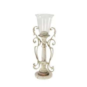 LITTON LANE Distressed White Wood, Glass and Metal Candle Holder