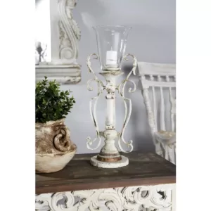 LITTON LANE Distressed White Wood, Glass and Metal Candle Holder