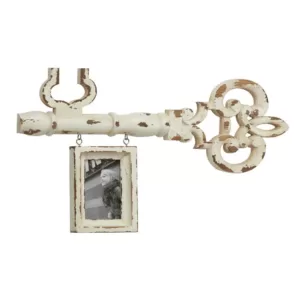 LITTON LANE 4 in. x 6 in. Decorative Antique Key and Hanging Picture Frame Wall Decor with Distressed White Finish
