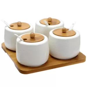 Elama Ceramic Condiment Jars with Bamboo Lids & Serving Spoons