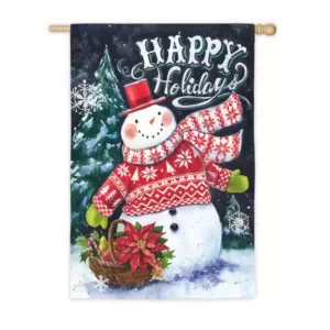 Evergreen 28 in. x 44 in. Norwegian Christmas Snowman and Santa House Suede Flag