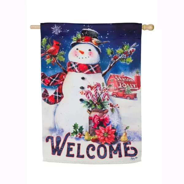 Evergreen 28 in. x 44 in. Christmas Barn Snowman House Suede Flag