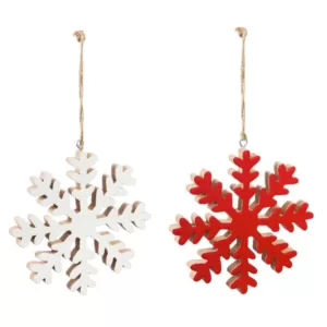 Evergreen 6 in. Red and White Wood Snowflake Christmas Ornaments (2-Pack)