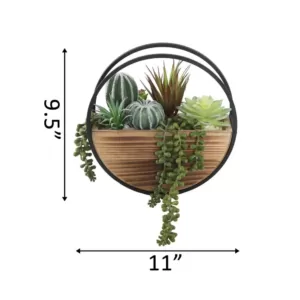 Flora Bunda 11 in. Round Wood and Metal Wall Faux Succulents Mix