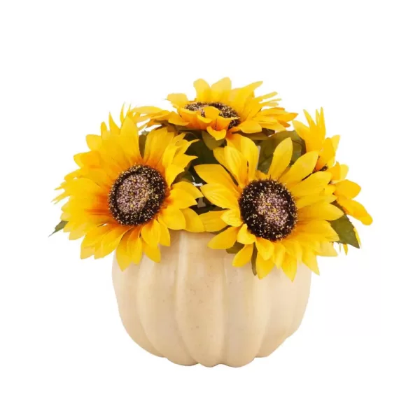 Flora Bunda 10 in. Fall Harvest Artificial Yellow Sunflowers in 7 in. Plastic Foam Pumpkin