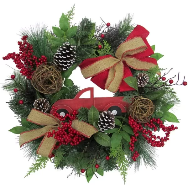 Fraser Hill Farm 24 in. Artificial Christmas Wreath with Pinecones, Burlap Bows and Wooden Truck Decoration