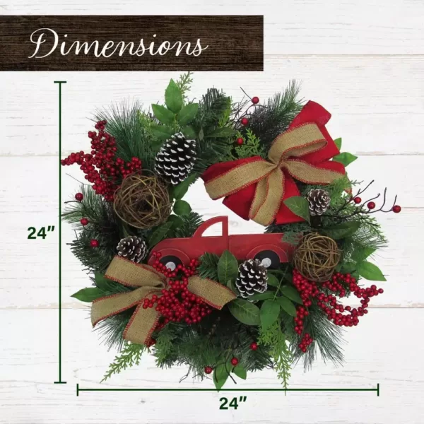 Fraser Hill Farm 24 in. Artificial Christmas Wreath with Pinecones, Burlap Bows and Wooden Truck Decoration