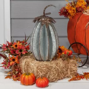 Gerson 16.5 in. H Sculpted Rustic Metal Pumpkin with Leaves (Set of 2)