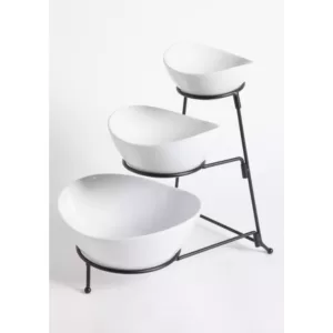 GIBSON elite Gracious Dining 4-Piece, 3-Tier White Serving Bowl Set with Stand