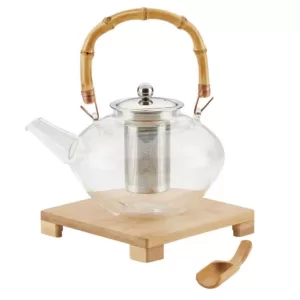 BonJour Tea Handblown Glass Zen Teapot with Stainless Steel Infuser and Bamboo Trivet, 34-Ounce