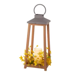 Glitzhome 19.29 in. H Wooden/Metal Led Pillar Lantern with 3 Changeable Candle Rings Spring/Fall/Christmas