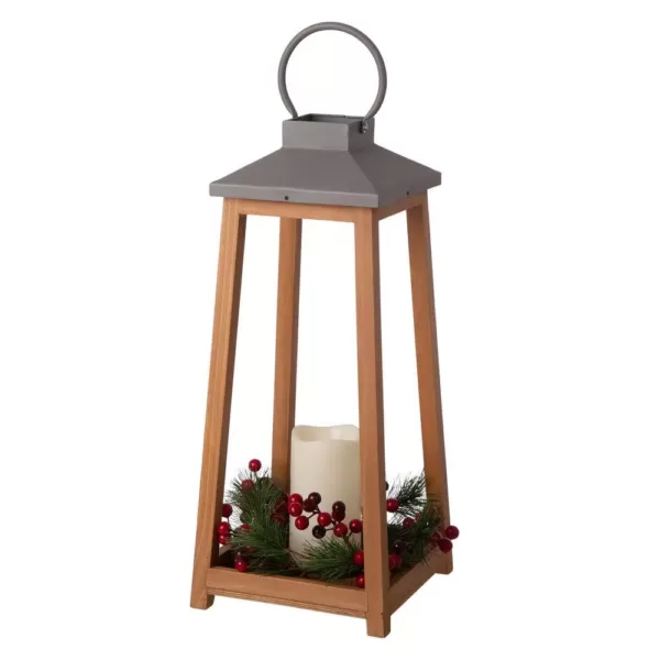 Glitzhome 19.29 in. H Wooden/Metal Led Pillar Lantern with 3 Changeable Candle Rings Spring/Fall/Christmas