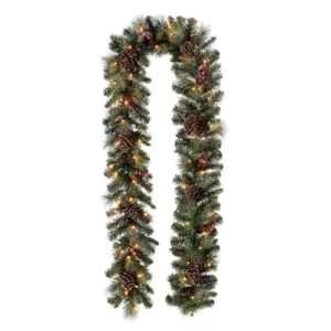 Glitzhome 9 ft. L Pre-Lit Glittered Pine Cone Christmas Garland with Warm White LED Light