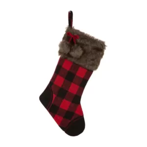 Glitzhome 21 in. H Black/Red Polyester Fur Buffalo Plaid Christmas Stocking