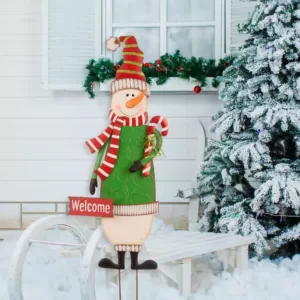 Glitzhome 3 ft. Metal Snowman Yard Stake or Standing Decor or Wall Decor (KD, 3-Function)