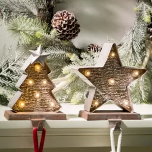 Glitzhome Marquee LED Wooden/Metal Christmas Tree and Star Stocking Holder (Set of 2)