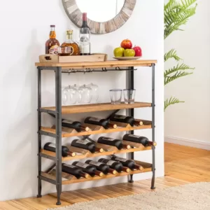 Glitzhome 34.25 in. H Vintage Floor Wine Bottle and Glass Rack