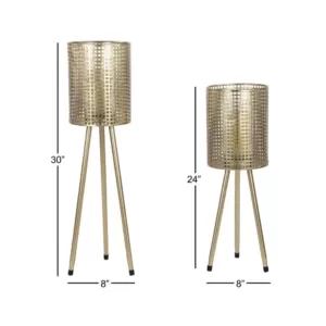 LITTON LANE Tall Cylindrical Gold Mesh Metal Candle Holders on Tripod Bases (Set of 2)