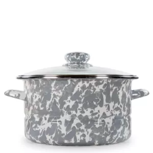 Golden Rabbit Enamelware 6 qt. Porcelain-Coated Steel Stock Pot in Grey Swirl with Glass Lid