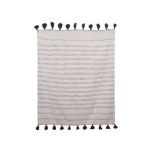 3R Studios Cream with Grey Stripes and Tassels Cotton Woven Throw Blanket