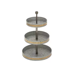 LITTON LANE 24 in. 3-Tiered Round Gray Iron Tray Stand with Copper Band Accents