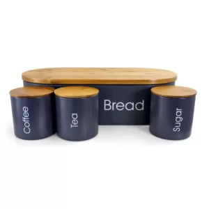 MegaChef 4-Piece in Gray with Lids Bamboo Kitchen Countertop Metal Bread Basket and Canister Set