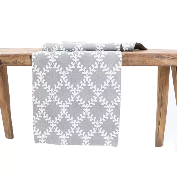 Manor Luxe 15 in. x 90 in. Piluki Leaf Crewel Embroidered Table Runner, Gray