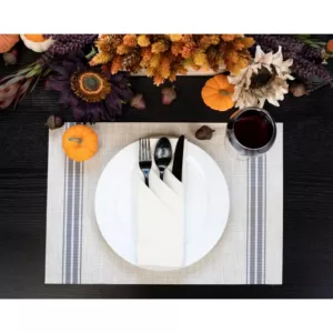 RITZ 19 in. x 13 in. Grey Stripe Chambray Reversible PVC and Polyester Woven Indoor Outdoor Placemats (Set of 12)