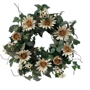 Glitzhome 24 in. Unlit Green Artificial Wreath with White Cream Sunflowers