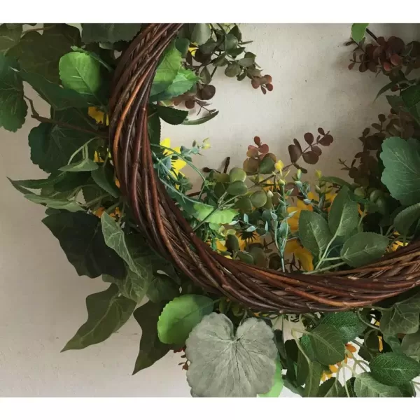 Glitzhome 24 in. Unlit Green Artificial Wreath with Golden Yellow Sunflowers