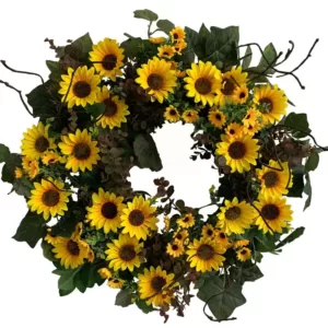 Glitzhome 24 in. Unlit Green Artificial Wreath with Golden Yellow Sunflowers