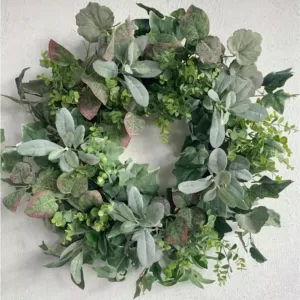 Glitzhome 26 in. Unlit Green Artificial Wreath with Large Lambs Ear Green Foliage