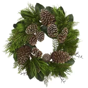 Nearly Natural 28 in. Pine Cone and Pine Artificial Wreath