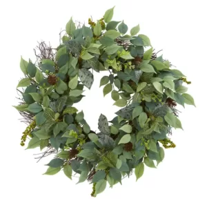 Nearly Natural Indoor 23 in. Mix Royal Ruscus, Fittonia and Berries Artificial Wreath